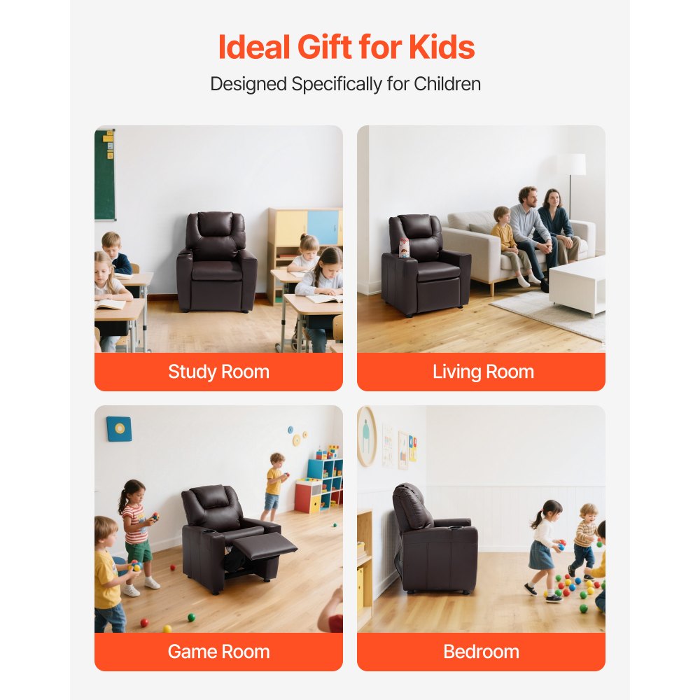 VEVOR Kids Reclining Chair PU Leather Toddler Recliner with Cup Holder (Brown)