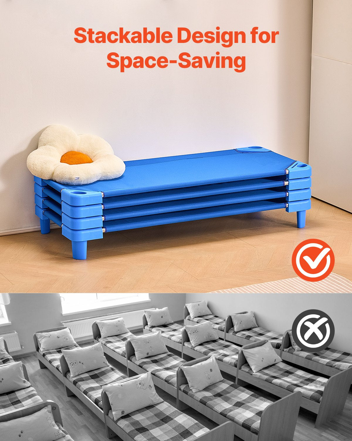 VEVOR Stackable Kiddie Cot 52" x 23" Daycare Nap Cots for Kids Blue (Pack of 4)