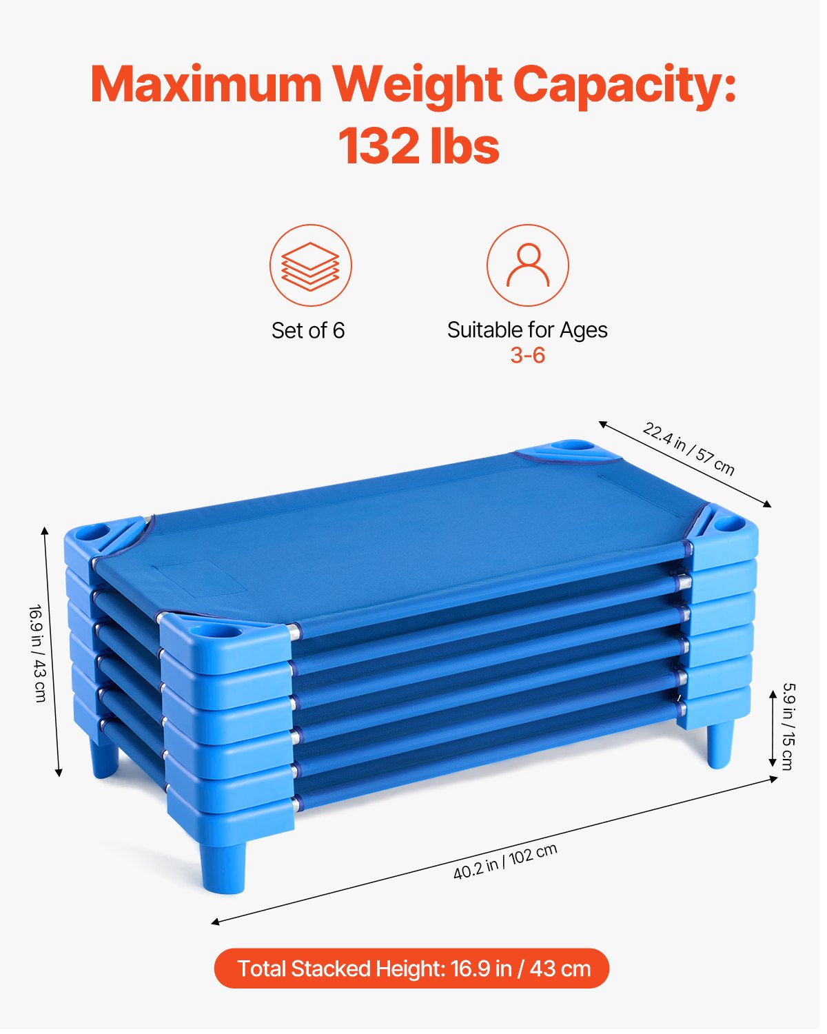 VEVOR Stackable Kiddie Cot 42" x 23" Daycare Nap Cots for Kids Blue (Pack of 6)