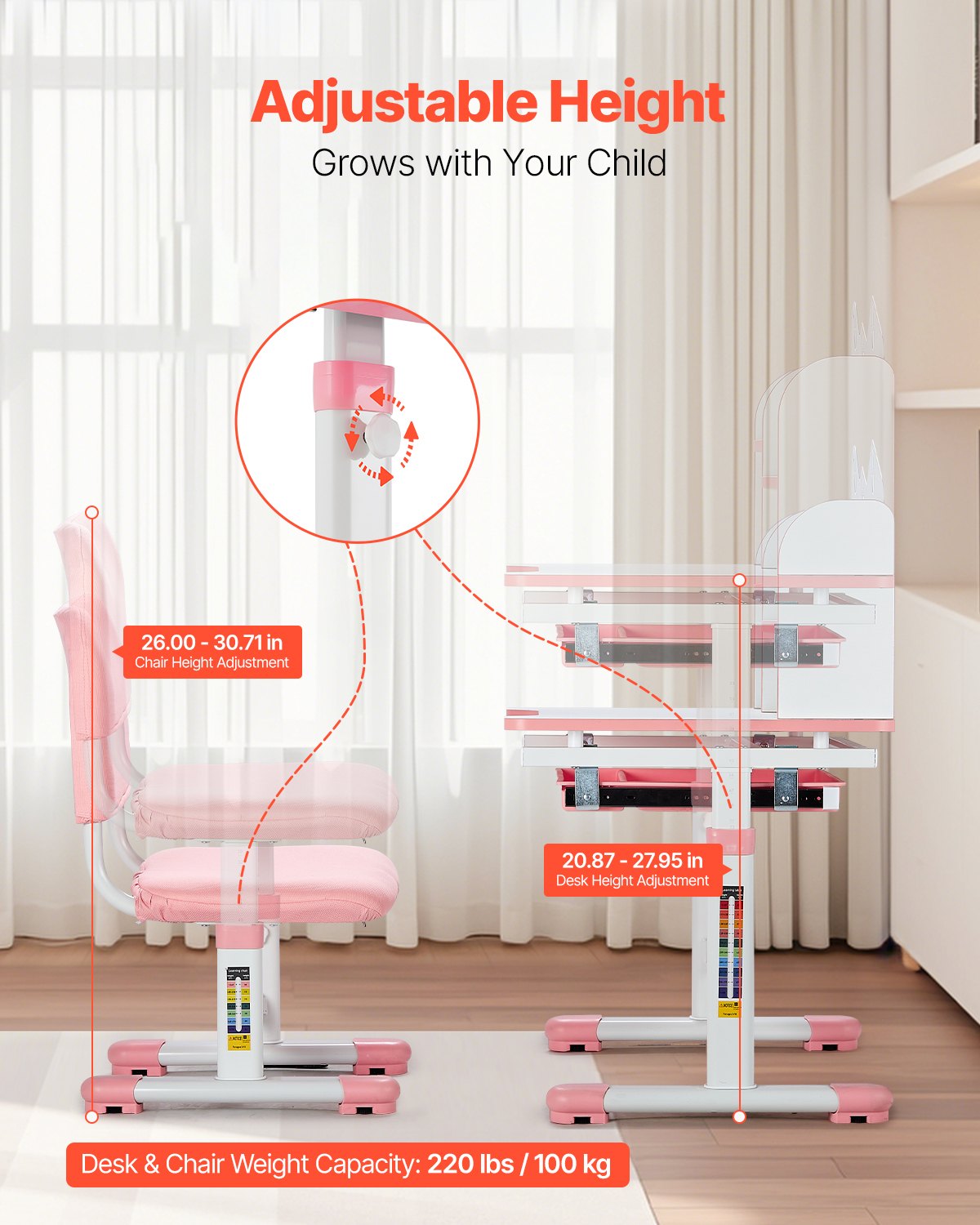 VEVOR Kids Study Chair and Desk with Bookshelf & Drawer Adjustable Height Pink