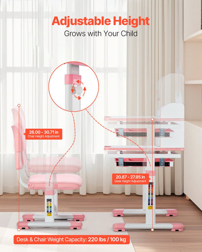 VEVOR Kids Study Chair and Desk with Bookshelf & Drawer Adjustable Height Pink