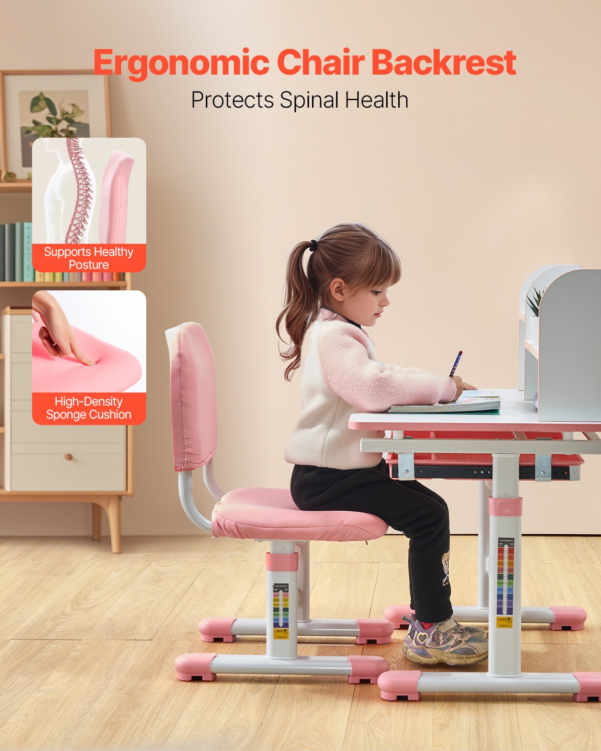 VEVOR Kids Study Chair and Desk with Bookshelf & Drawer Adjustable Height Pink