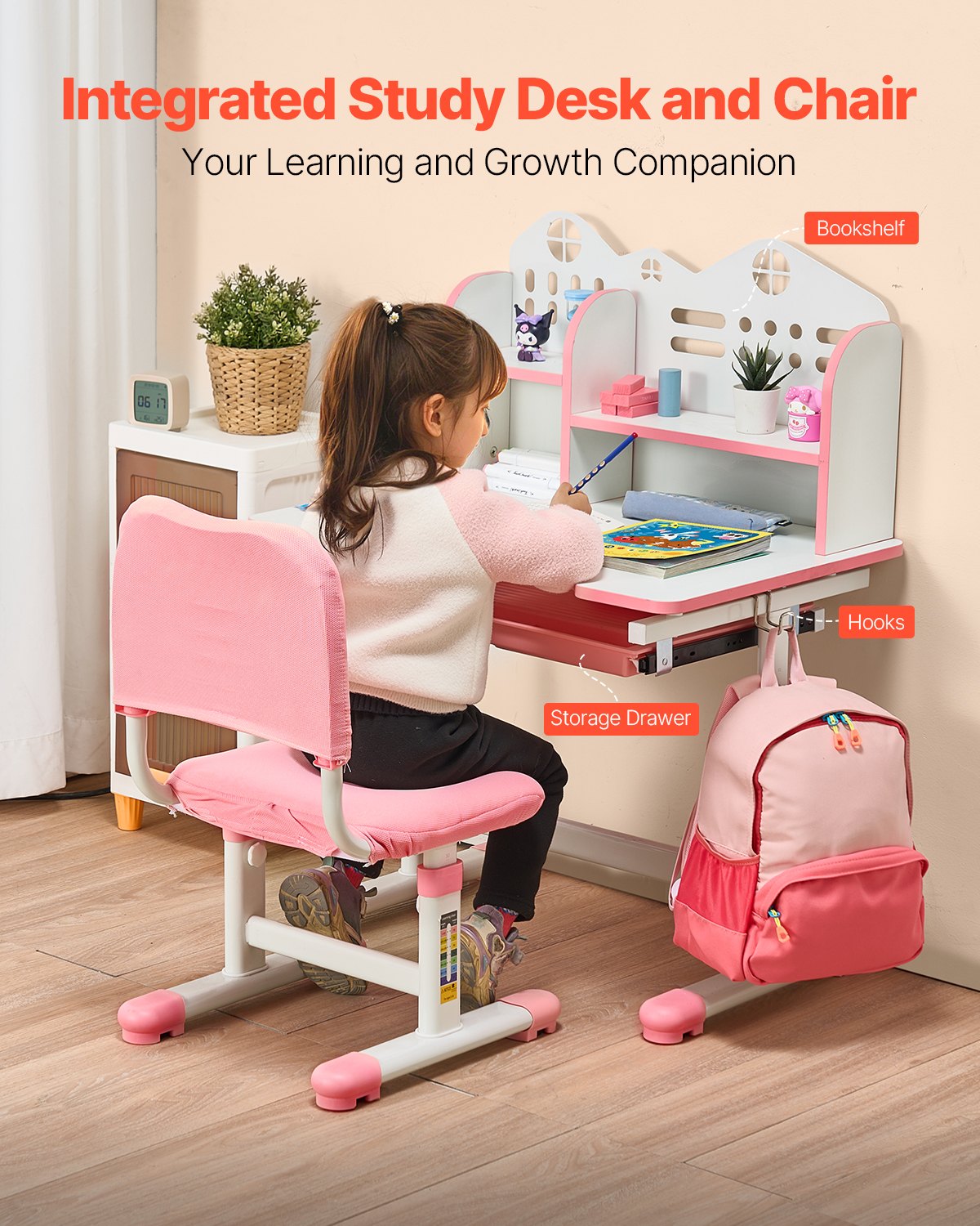 VEVOR Kids Study Chair and Desk with Bookshelf & Drawer Adjustable Height Pink