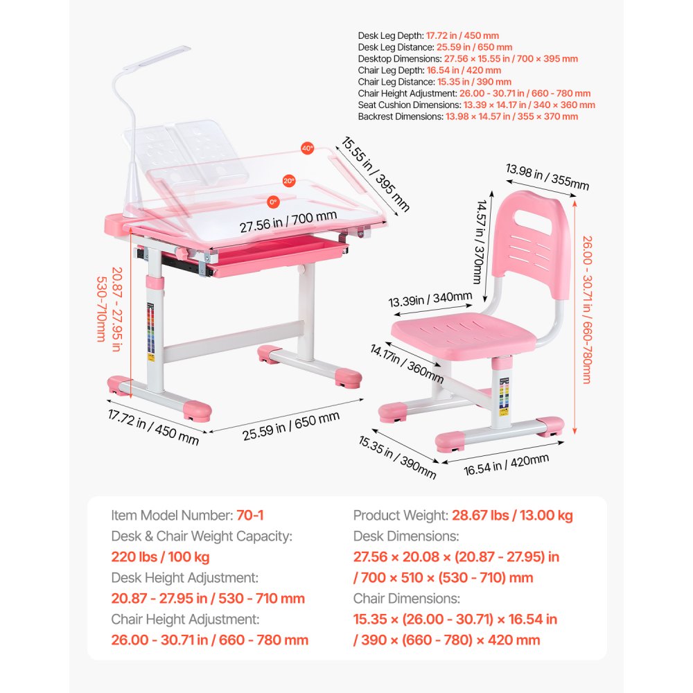 VEVOR Kids Chair and Desk Set Table Lamp Adjustable Height & Tilted Desktop Pink