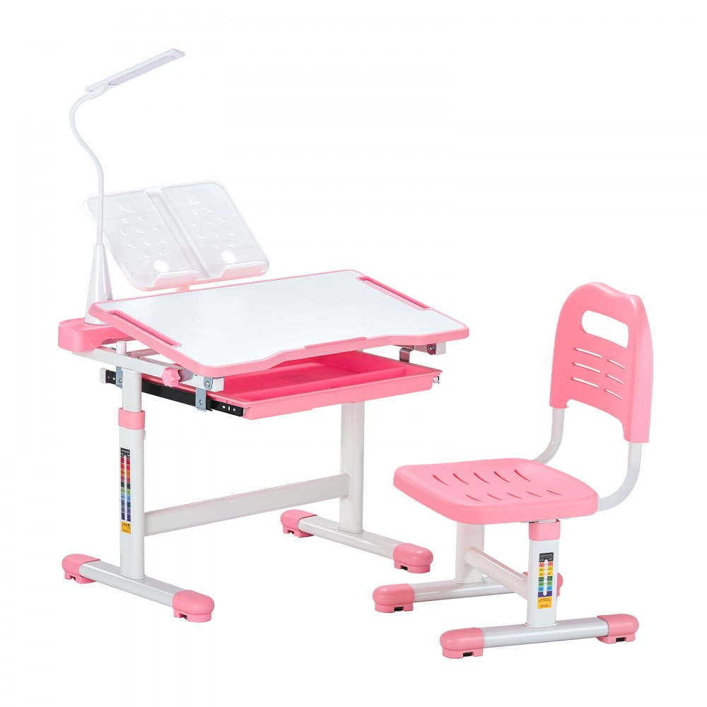 VEVOR Kids Chair and Desk Set Table Lamp Adjustable Height & Tilted Desktop Pink