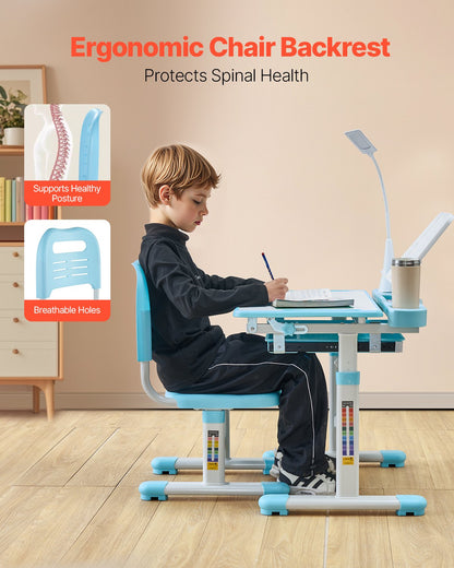 Kids Study Chair and Desk Set, Study Desk and Chair for Kids with Table Lamp, Adjustable Height & 0-40° Tilted Desktop Kids Desk and Chair, Children Study Table for Bedroom & Study Room, Blue