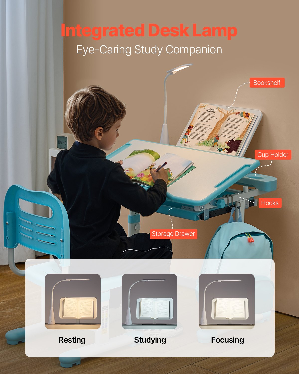 Kids Study Chair and Desk Set, Study Desk and Chair for Kids with Table Lamp, Adjustable Height & 0-40° Tilted Desktop Kids Desk and Chair, Children Study Table for Bedroom & Study Room, Blue