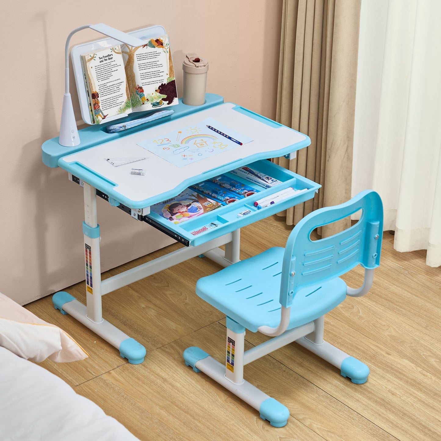 Kids Study Chair and Desk Set, Study Desk and Chair for Kids with Table Lamp, Adjustable Height & 0-40° Tilted Desktop Kids Desk and Chair, Children Study Table for Bedroom & Study Room, Blue
