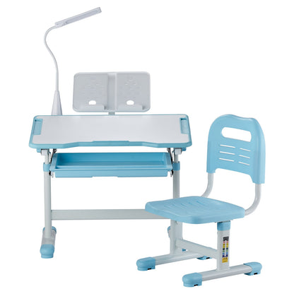Kids Study Chair and Desk Set, Study Desk and Chair for Kids with Table Lamp, Adjustable Height & 0-40° Tilted Desktop Kids Desk and Chair, Children Study Table for Bedroom & Study Room, Blue