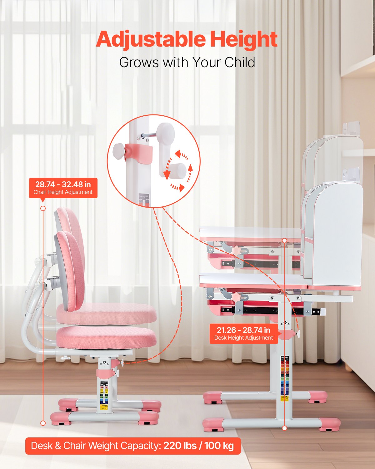 VEVOR Kids Study Chair and Desk with Bookshelf & Drawer Height Adjustable Pink
