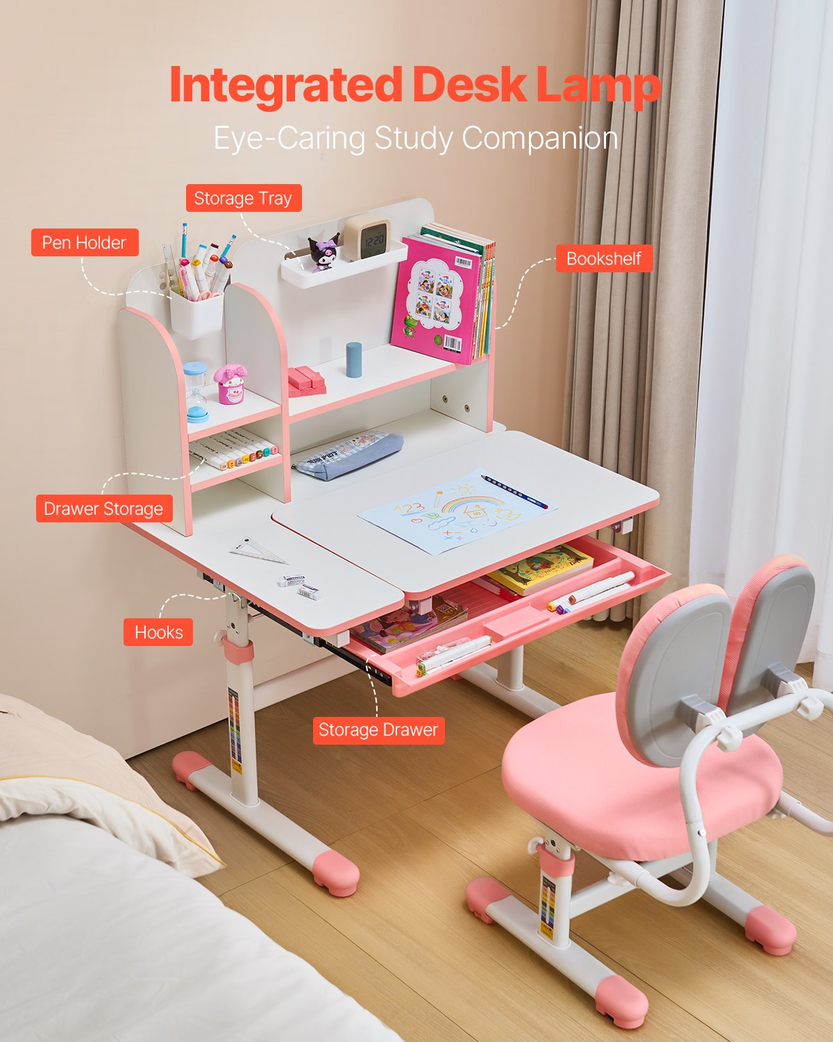 VEVOR Kids Study Chair and Desk with Bookshelf & Drawer Height Adjustable Pink