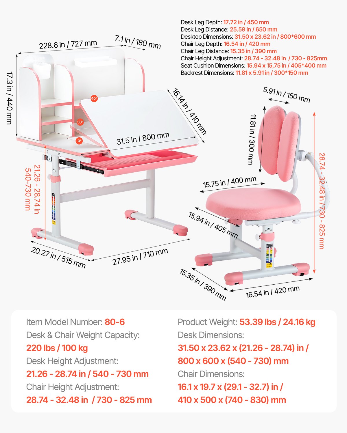 VEVOR Kids Study Chair and Desk with Bookshelf & Drawer Height Adjustable Pink