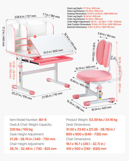 VEVOR Kids Study Chair and Desk with Bookshelf & Drawer Height Adjustable Pink