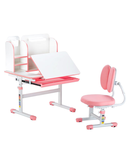 VEVOR Kids Study Chair and Desk with Bookshelf & Drawer Height Adjustable Pink