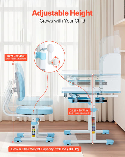 VEVOR Kids Study Chair and Desk with Bookshelf & Drawer Height Adjustable Blue