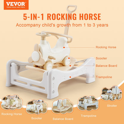 5-in-1 Toddler Rocking Horse with Trampoline & Balance Board, Supports 36kg
