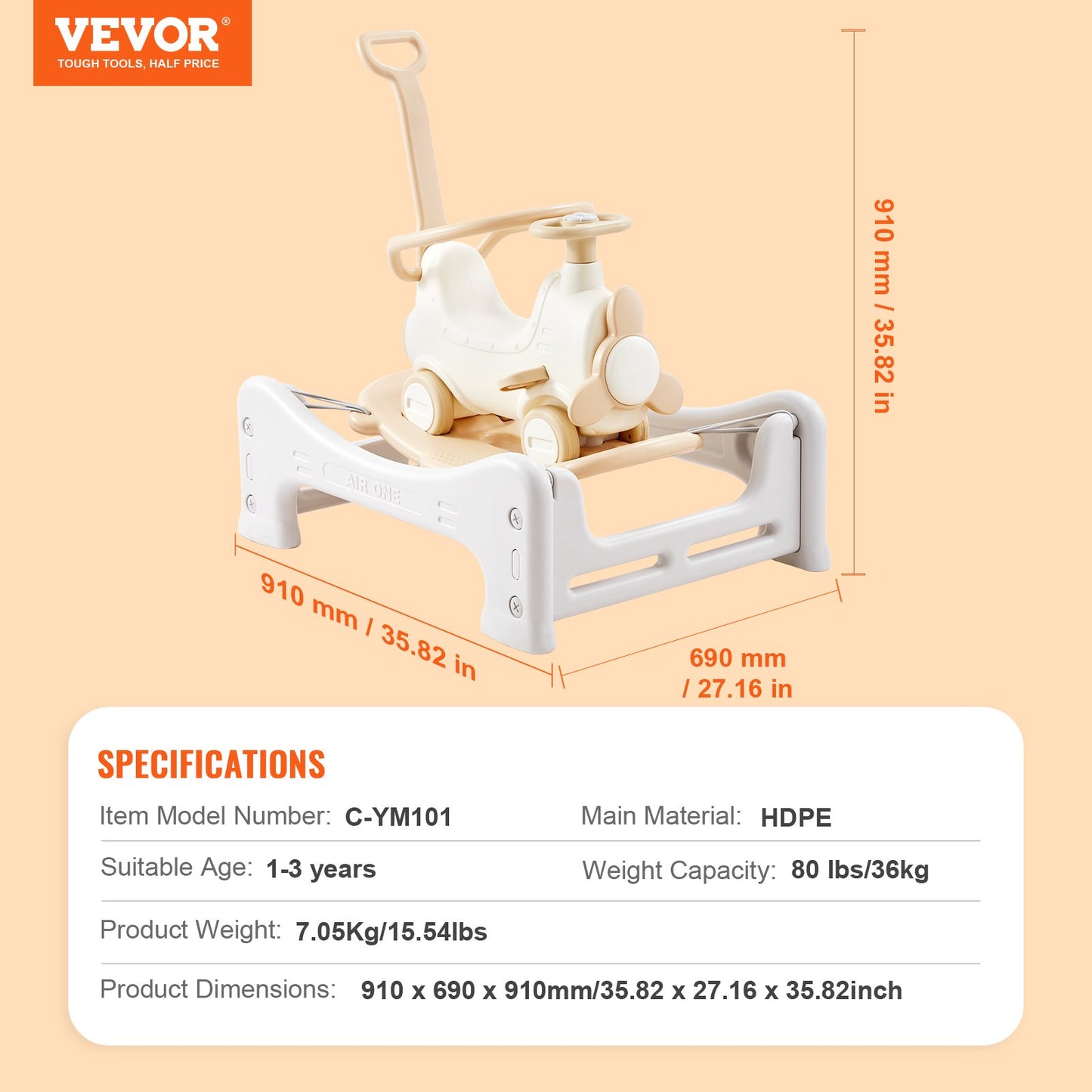 VEVOR 5 in 1 Rocking Horse for Toddlers 1-3 Years, Baby Rocking Horse with Trampoline,