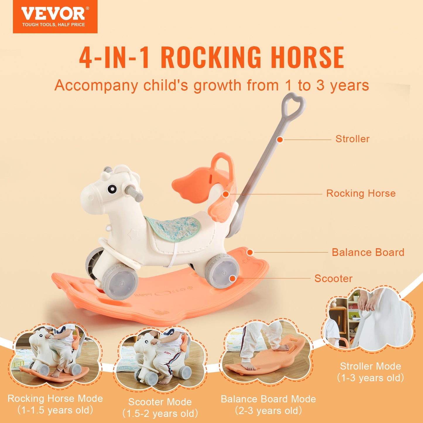 VEVOR 4 in 1 Rocking Horse for Toddlers 1-3 Years, Baby Rocking Horse with Detachable