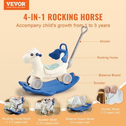 VEVOR 4 in 1 Rocking Horse for Toddlers 1-3 Years, Baby Rocking Horse with Detachable