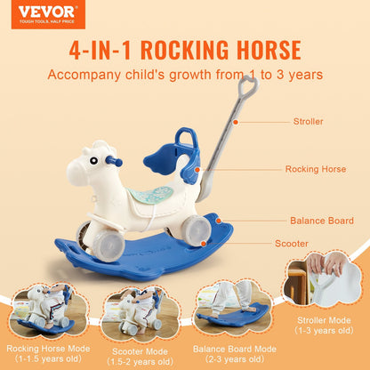 4-in-1 Toddler Rocking Horse with Balance Board & Wheels, Supports 36kg, Blue
