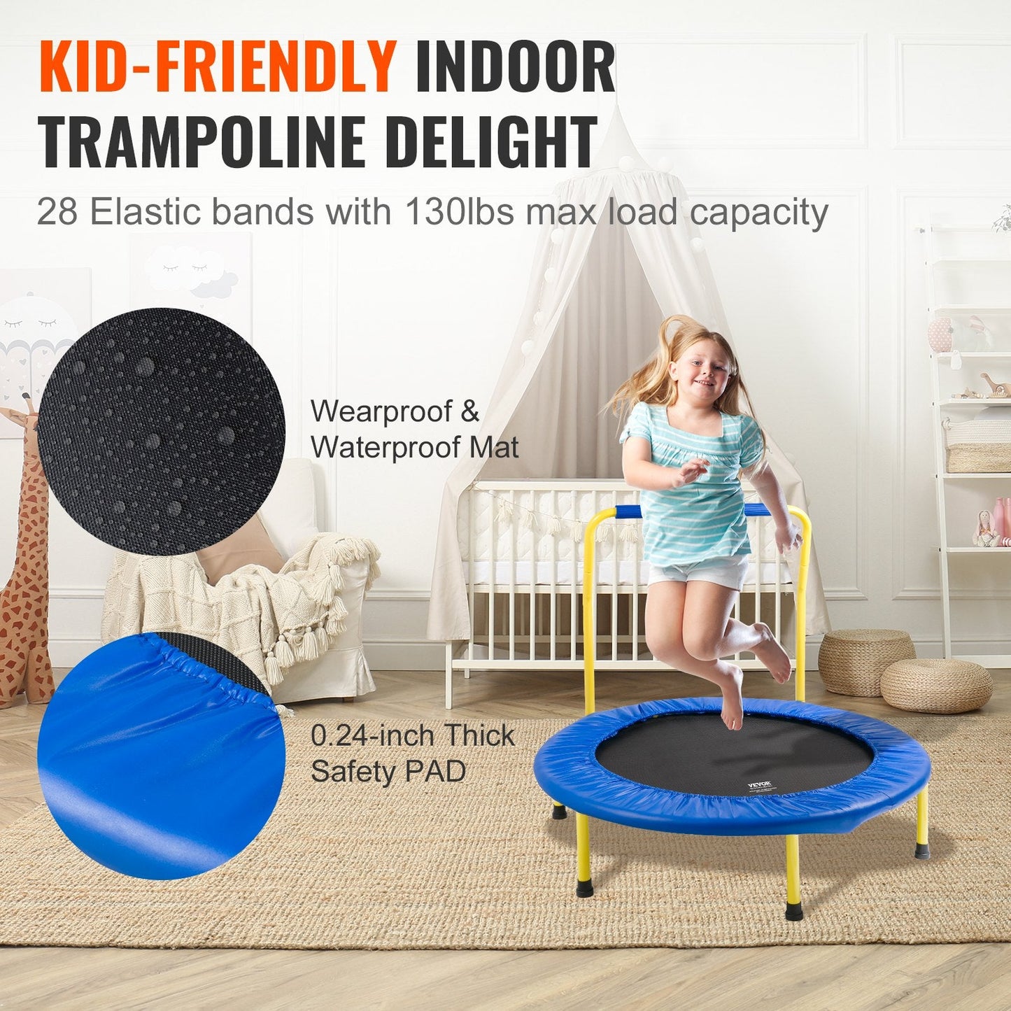 Kids' 0.92m Indoor/Outdoor Trampoline with Foam Handle, Foldable & Safe