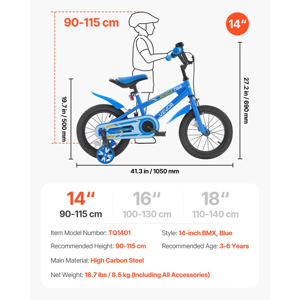 VEVOR Kids Bike 14 Inches BMX Style Children Bicycle for Boys & Girls Aged 3-6