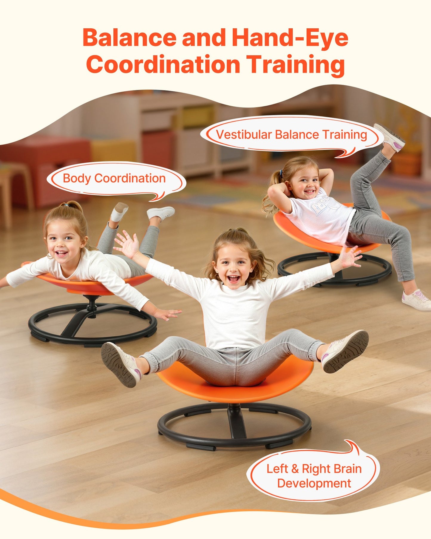 Kids Swivel Chair, 220 lbs Capacity, Sensory Spinning Chair, Autistic Kids Sensory Toy Seat with Non-Slip Metal Base, Round Shape Toddler Sit & Spin Seat for Coordination Balance Focus, Orange