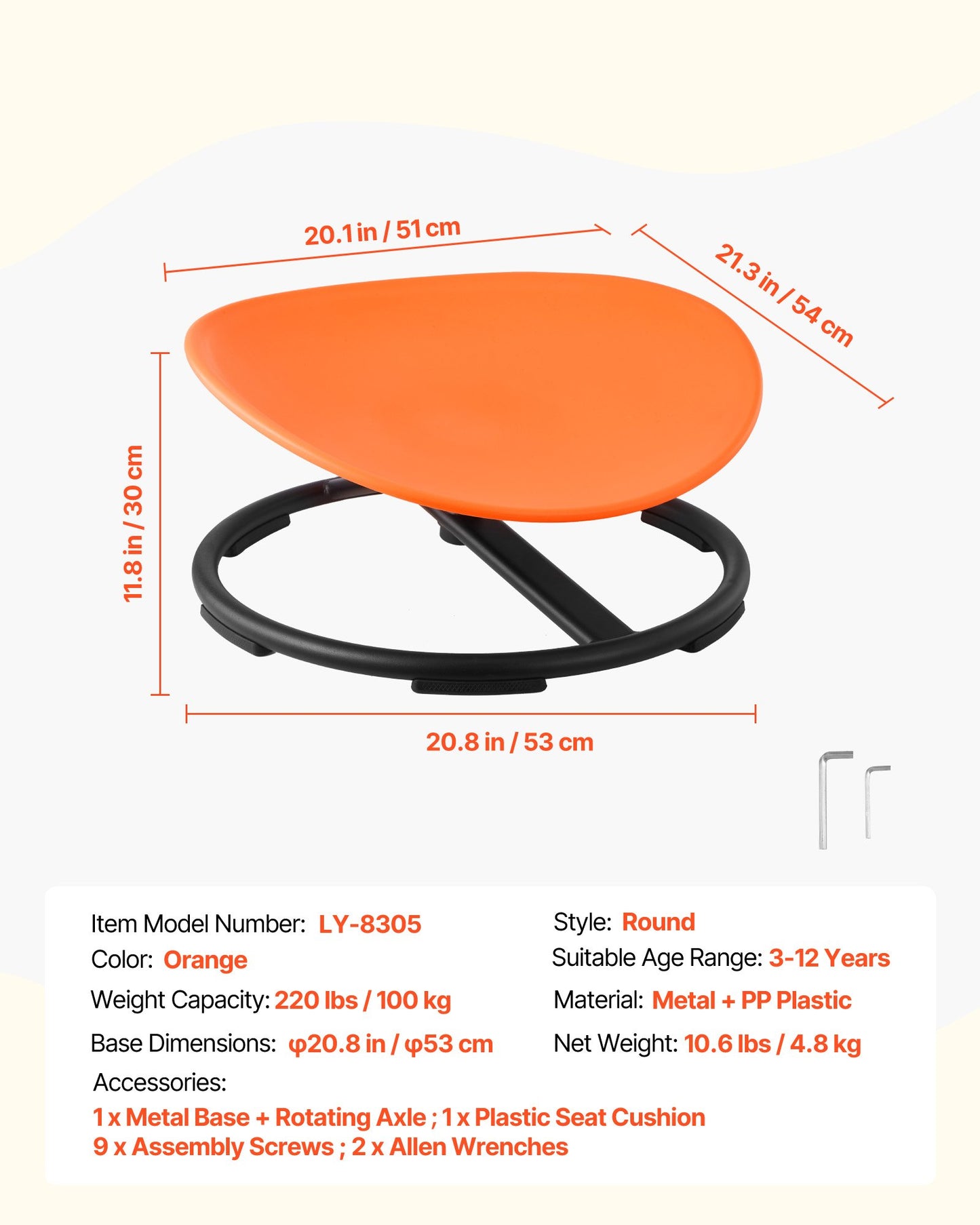 Kids Swivel Chair, 220 lbs Capacity, Sensory Spinning Chair, Autistic Kids Sensory Toy Seat with Non-Slip Metal Base, Round Shape Toddler Sit & Spin Seat for Coordination Balance Focus, Orange