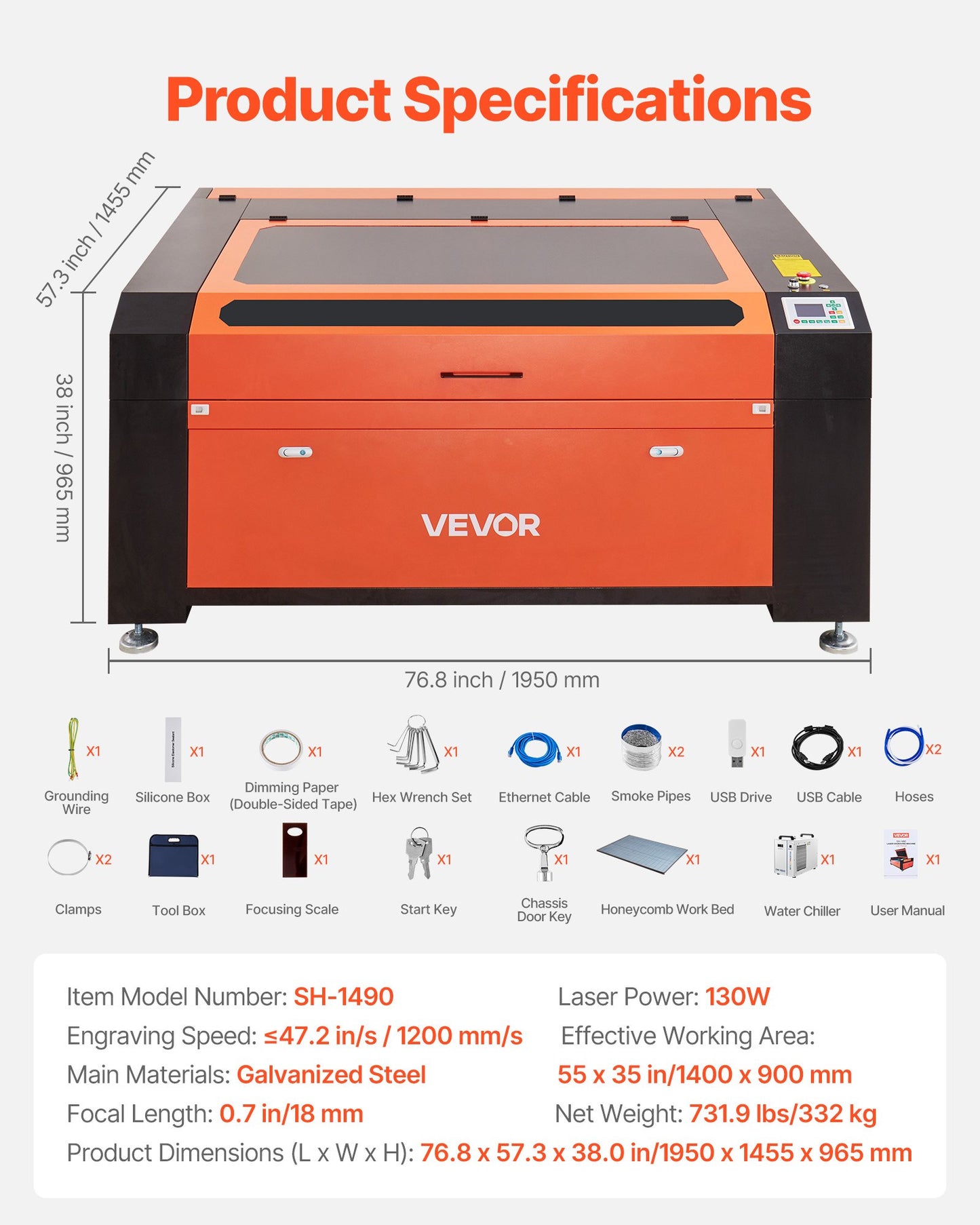 130W CO2 Laser Engraver, 1400 x 900 mm, CO2 Laser Engraver Cutter Machine with Water Chiller, 2 Way Pass Air Assist, 1200 mm/s Speed, Autofocus Engraving Cutting Machine, for Wood Acrylic Glass