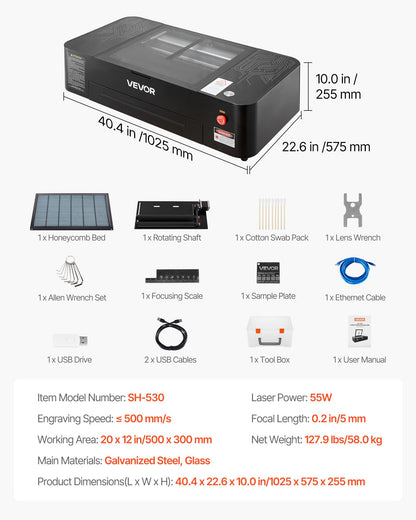 55W CO2 Laser Engraver, 500 x 300 mm, Desktop CO2 Laser Engraver and Cutter Machine with 16MP Camera, Water Pump, Rotary Axis, Compatible with LightBurn CorelDRAW RDWorks, for Wood Acrylic Glass