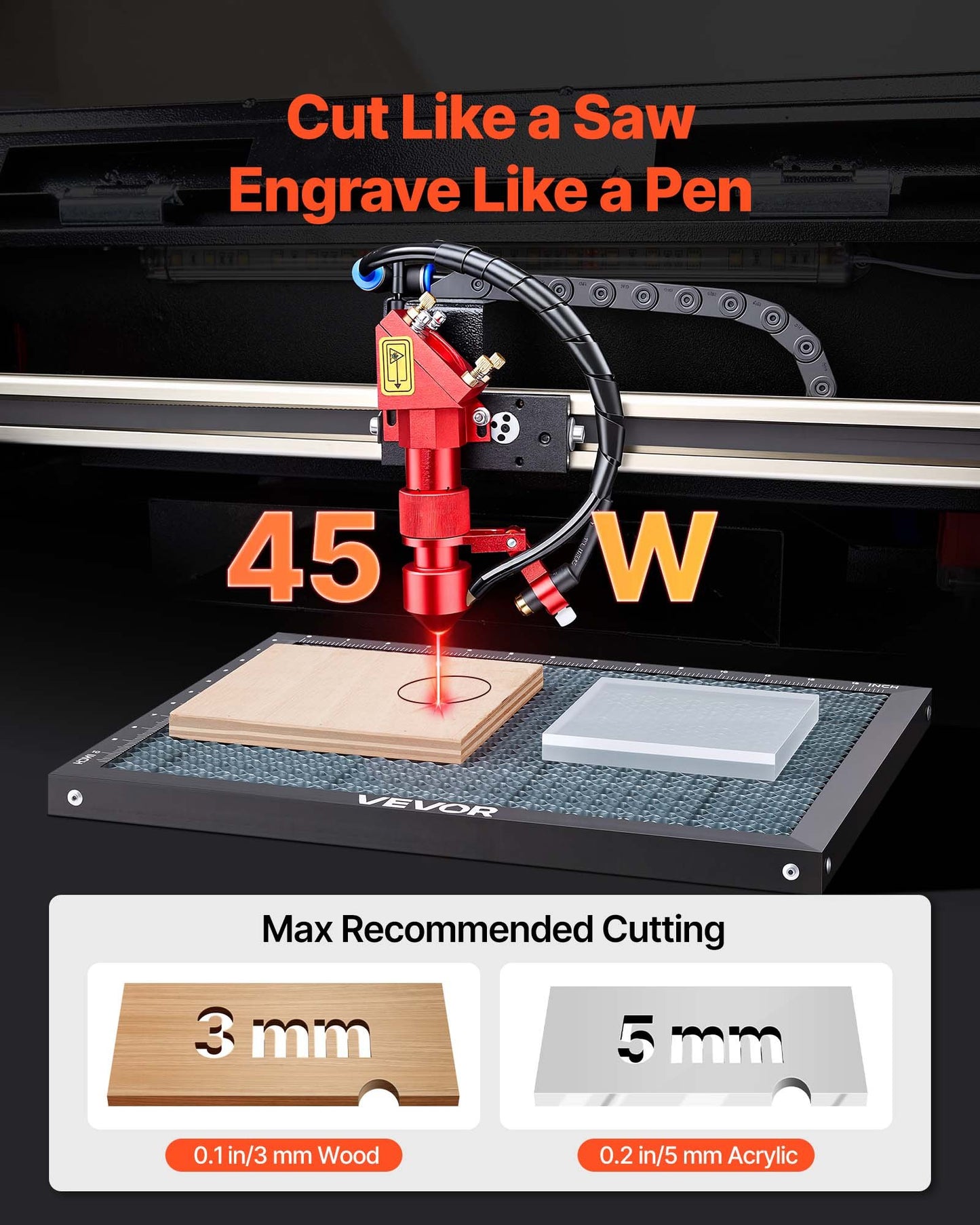 45W CO2 Laser Engraver, 300 x 200 mm, Desktop CO2 Laser Engraver Cutter Machine with Rotary Axis, Air Assist, Engraving Machine Compatible with LightBurn CorelDRAW GRBL, for Wood Acrylic Glass