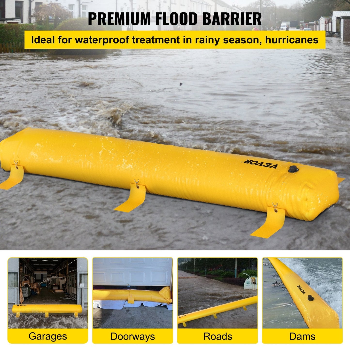 Flood Barrier 3.66 m x 30.5 cm, Reusable PVC Water Diversion Tube