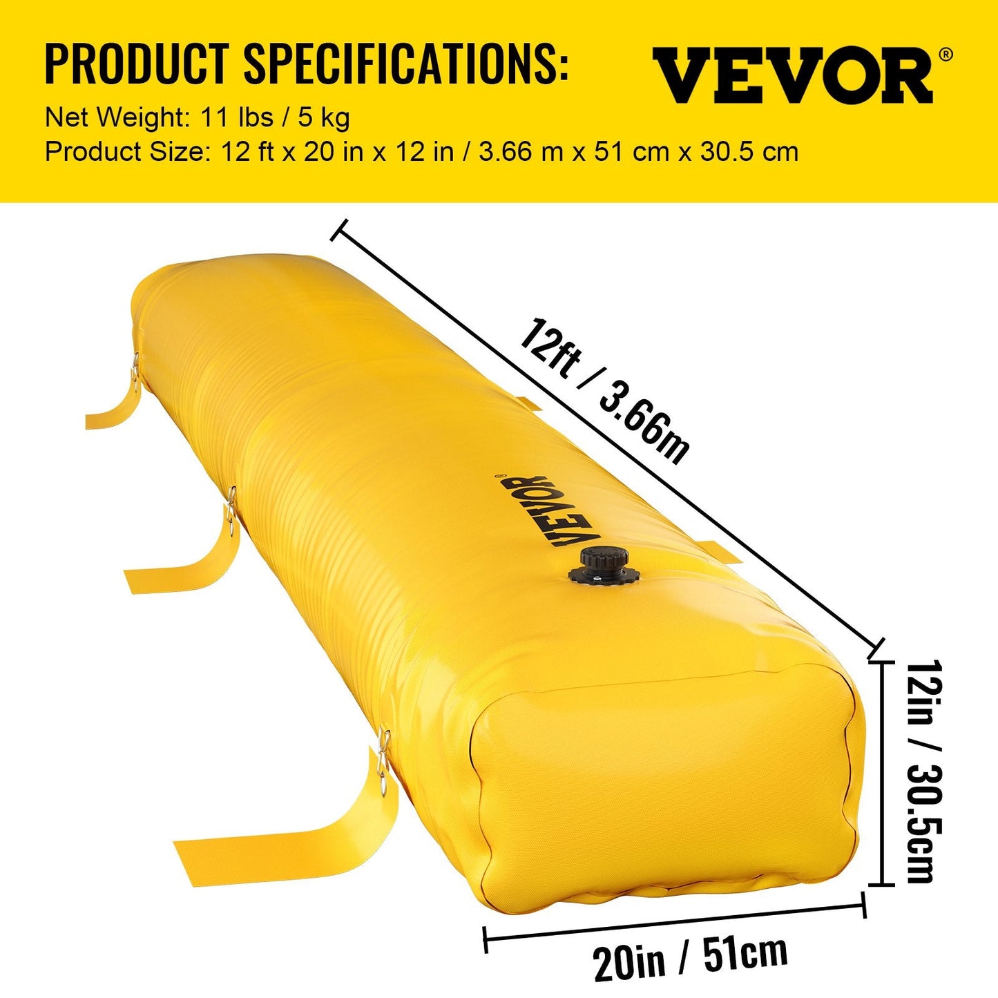 Flood Barrier 3.66 m x 30.5 cm, Reusable PVC Water Diversion Tube