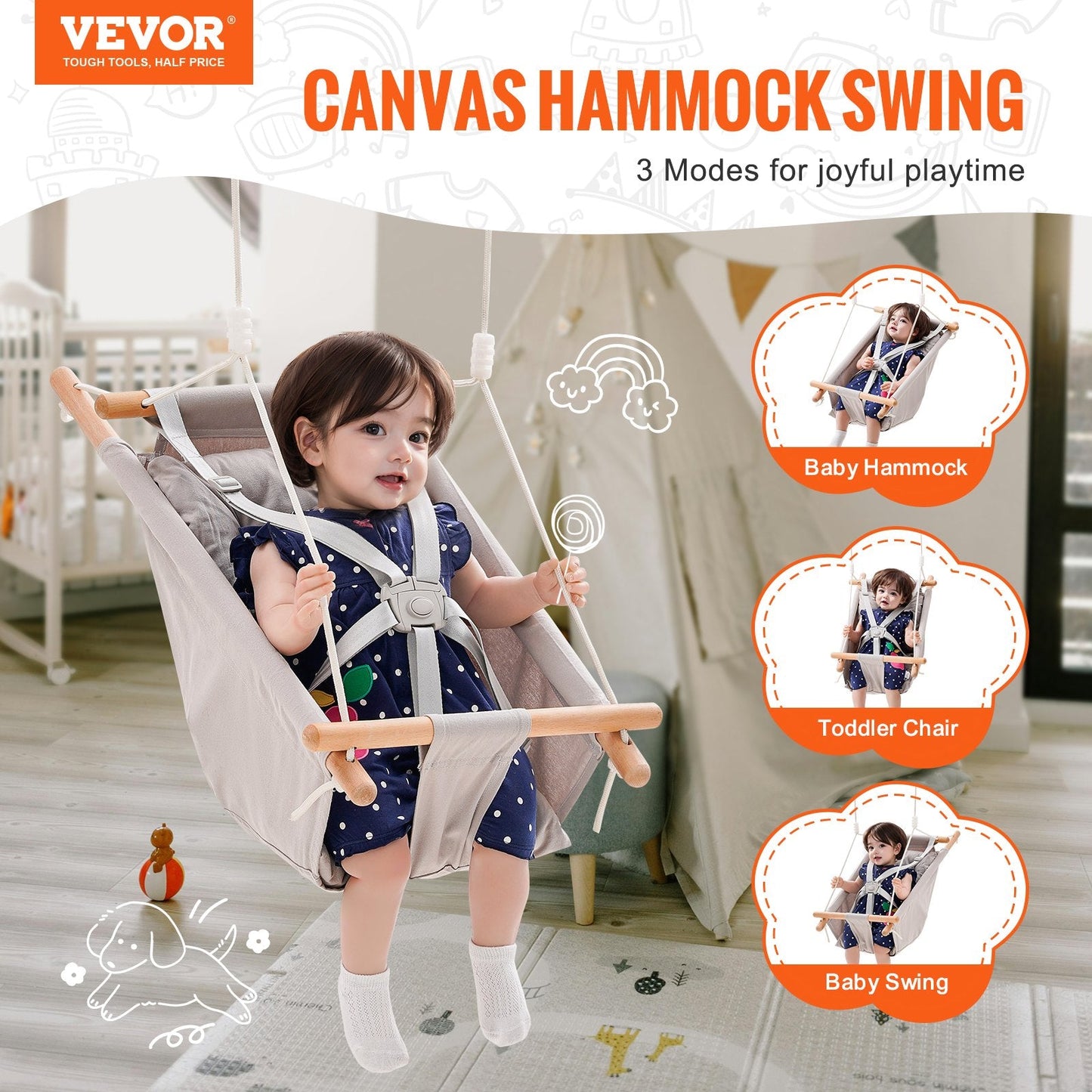 Canvas Baby Hammock Swing with 5-Point Harness for Indoor & Outdoor Use