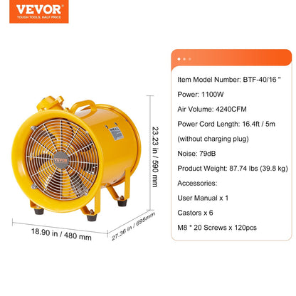 Portable Industrial Blower, 0.4m Fan, 1100W, 4240 CFM, 5m Cord, 39.8 kg