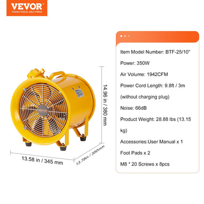 Portable 0.25m Heavy Duty Industrial Fan, 350W, 1942CFM, 3m Cord, 13.15kg