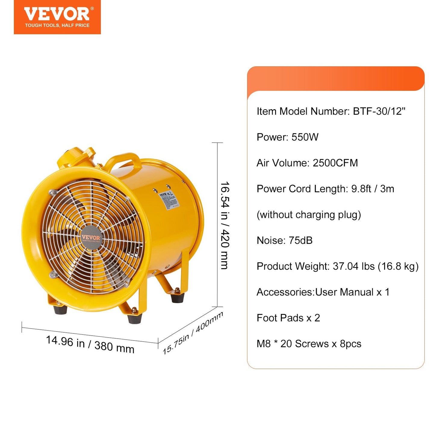 Portable Industrial Blower, 0.3m Heavy Duty Fan, 550W, 2500CFM, 16.8kg