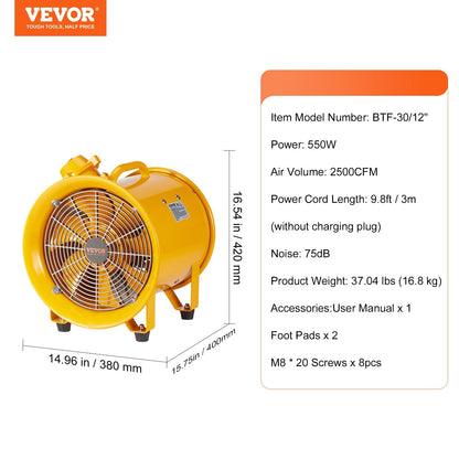 Portable Industrial Blower, 0.3m Heavy Duty Fan, 550W, 2500CFM, 16.8kg