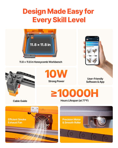 Laser Engraver, 10W, Laser Engraving and Cutting Machine with Enclosure, Laser Cutter Engraver Machine, 300 x 300 mm Working Area, 7000 mm/min, for Wood, Leather, Glass, Certain Metal, Class 1