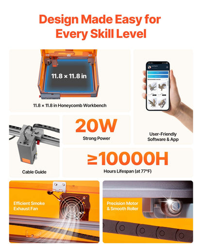 Laser Engraver, 20W, Laser Engraving and Cutting Machine with Enclosure, Laser Cutter Engraver Machine, 7000 mm/min, 300 x 300 mm Working Area, for Wood, Leather, Glass, Certain Metal, Class 1