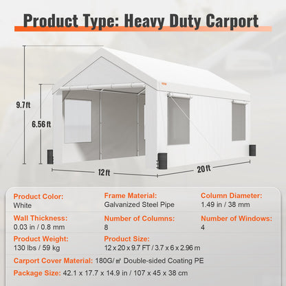 VEVOR Carport, 10x20ft Heavy Duty Car Canopy, Portable Garage with Roll-up Ventilated