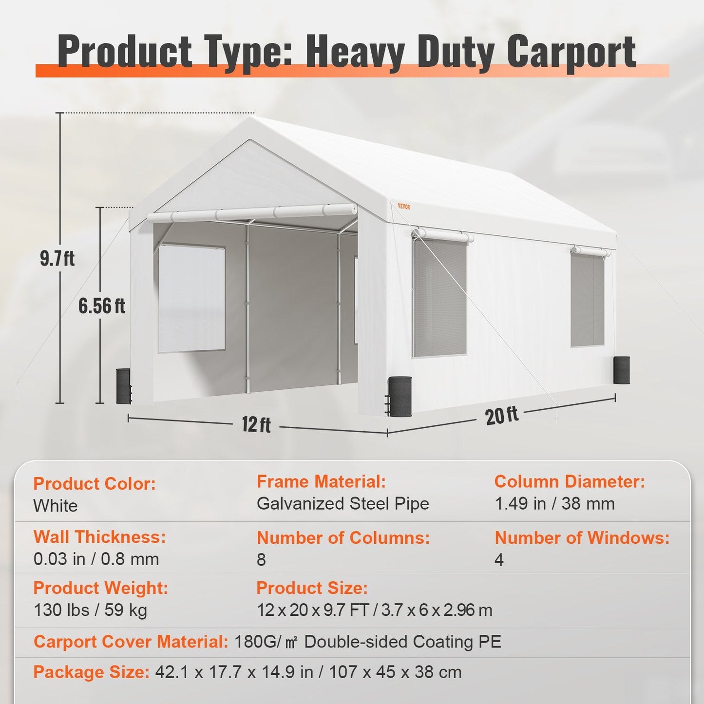 Heavy Duty 3x6m Portable Car Canopy with Roll-up Windows & Removable Sidewalls