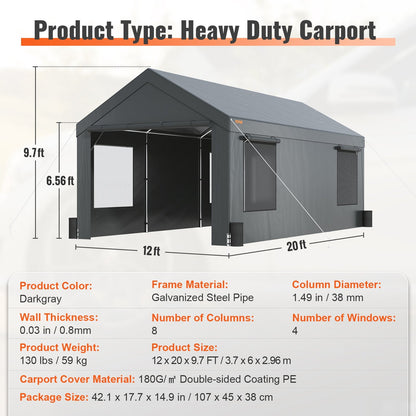 Heavy Duty 3.7x6m Carport Canopy with Removable Sidewalls and UV Protection
