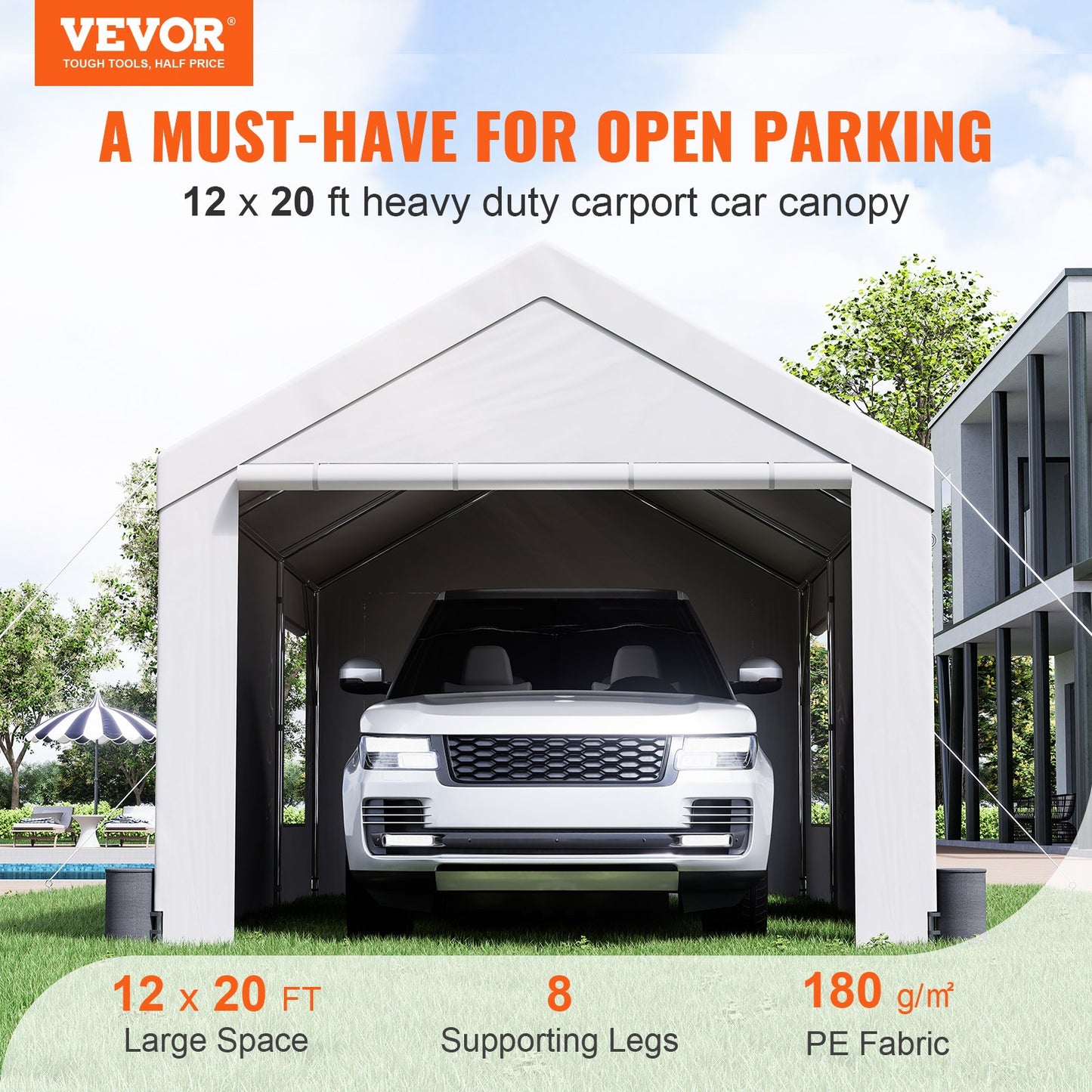 VEVOR Carport, 12 x 20 ft Heavy Duty Car Canopy with Roll-up Ventilated Windows,