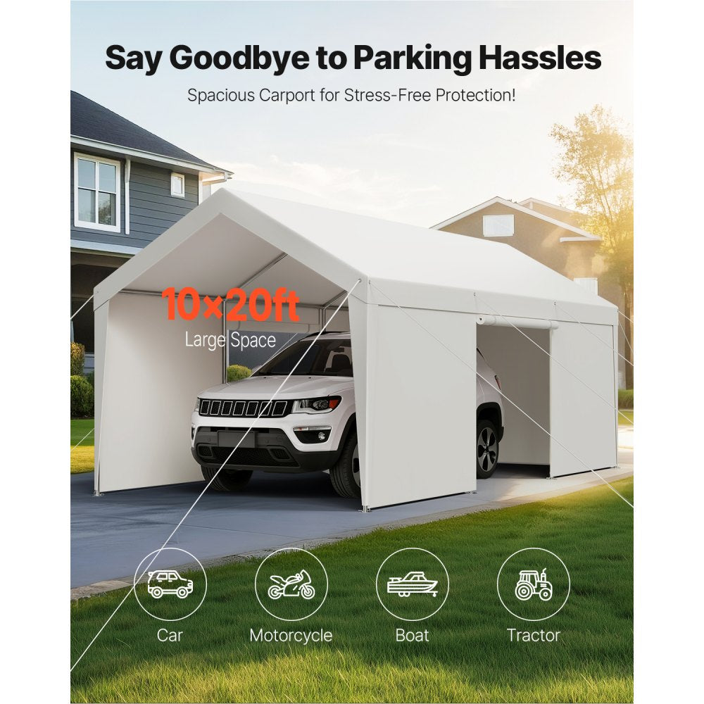 VEVOR Carport Car Canopy 10x20FT Heavy Duty Car Shelter with Sidewalls White