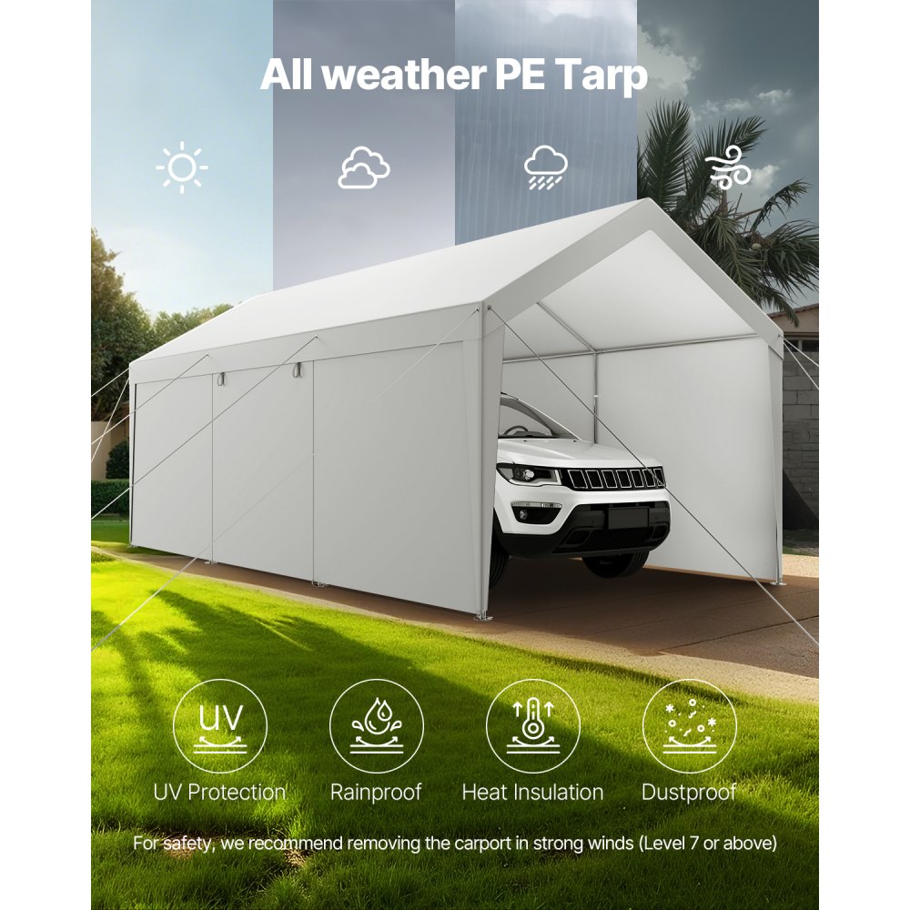 VEVOR Carport Car Canopy 10x20FT Heavy Duty Car Shelter with Sidewalls White