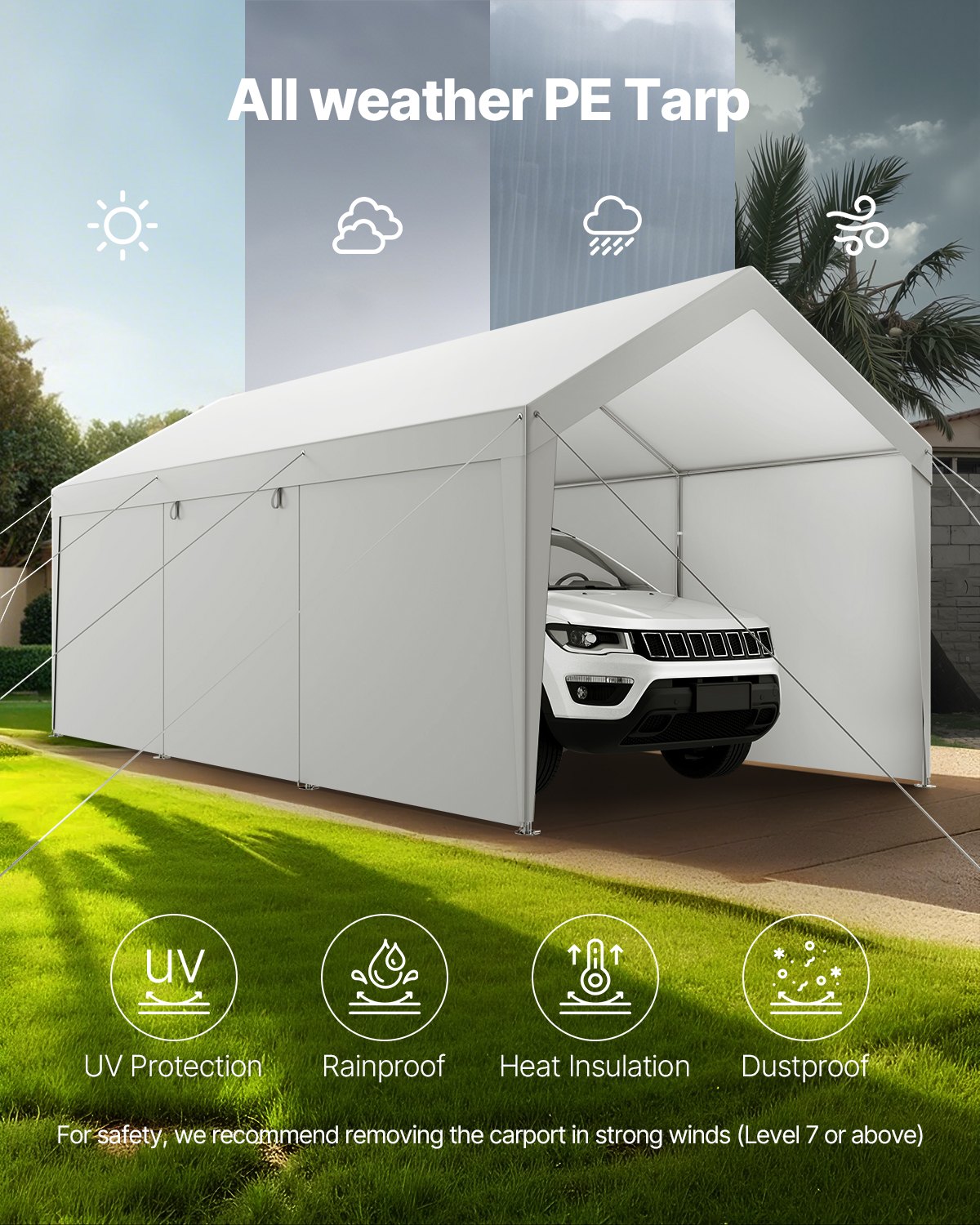 Carport, 12 x 20 FT Outdoor Car Canopy, Potable Carport with Removable Sidewalls & Door, Heavy Duty Car Shelter, UV-Resistant & Water-Resistant, All-Season Protection for Automobile Boat White