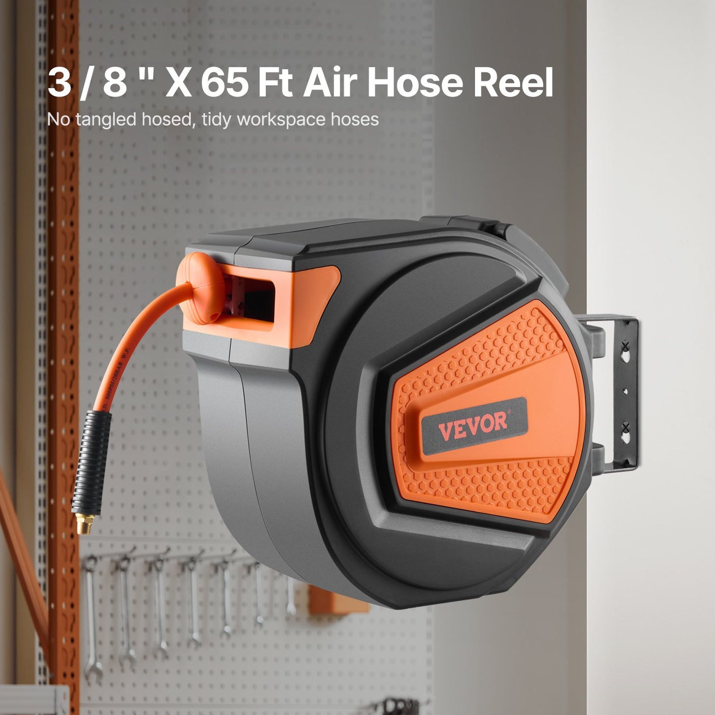 Retractable Air Hose Reel, 3/8IN x 65FT Hybrid Air Hose Max 300PSI, Air Compressor Hose Reel Auto-Rewind with 6.6 FT Lead in, Ceiling/Wall Mount Enclosed PP Reel & Built-in 180° Swivel Bracket