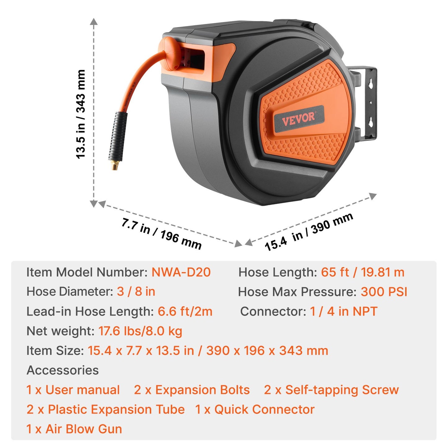 Retractable Air Hose Reel, 3/8IN x 65FT Hybrid Air Hose Max 300PSI, Air Compressor Hose Reel Auto-Rewind with 6.6 FT Lead in, Ceiling/Wall Mount Enclosed PP Reel & Built-in 180° Swivel Bracket