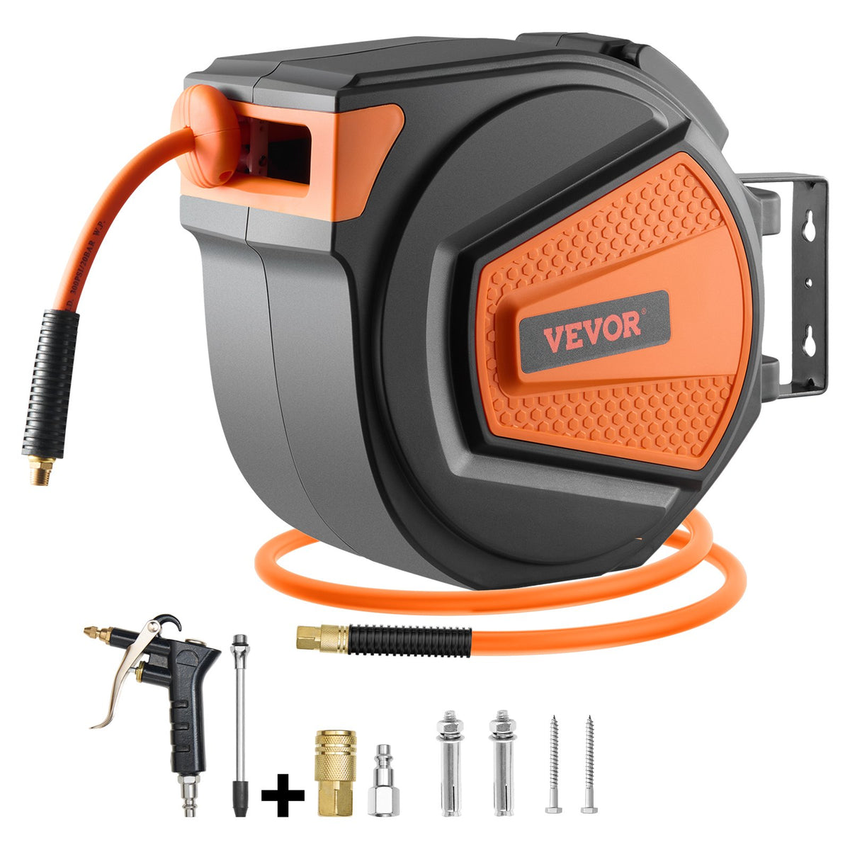 Retractable Air Hose Reel, 3/8IN x 65FT Hybrid Air Hose Max 300PSI, Air Compressor Hose Reel Auto-Rewind with 6.6 FT Lead in, Ceiling/Wall Mount Enclosed PP Reel & Built-in 180° Swivel Bracket